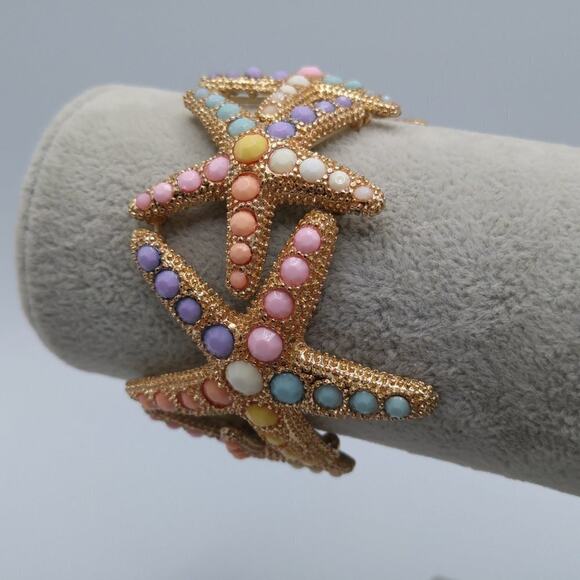 Pastel Starfish Stretch Bracelet, Gold Tone Starfish Pastel Cabochons, 7 Inches - Picture 4 of 12